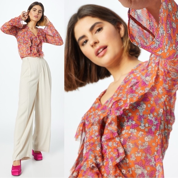 Free People Nina Printed Top Tulips XS Ditsy Floral V Neck Plunge Ruffles Sheer - Picture 5 of 15